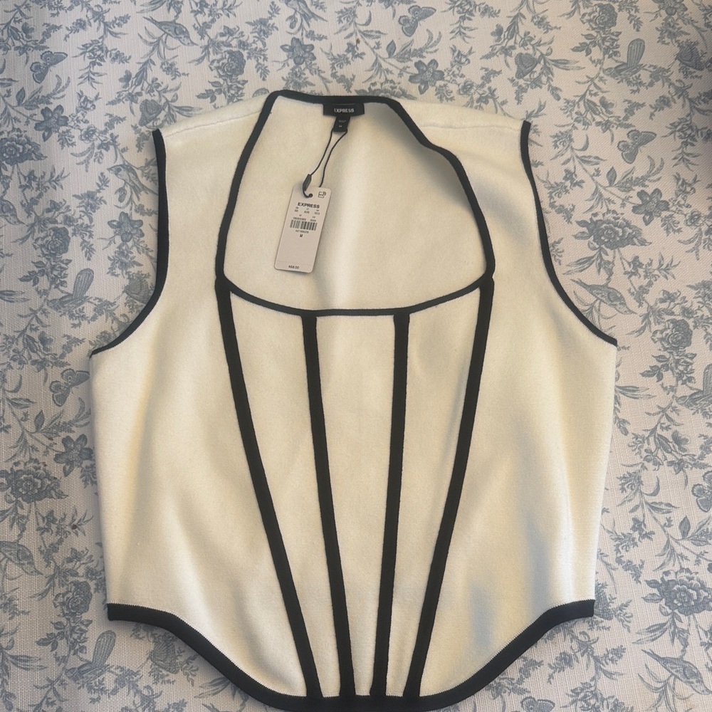 Express Cream Sculpted Ponte Tank with Black Contrast Trim